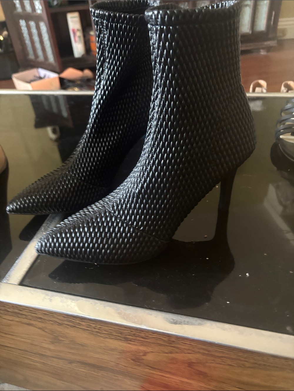 MIA Black Textured Pointed-Toe Stiletto Ankle Boots